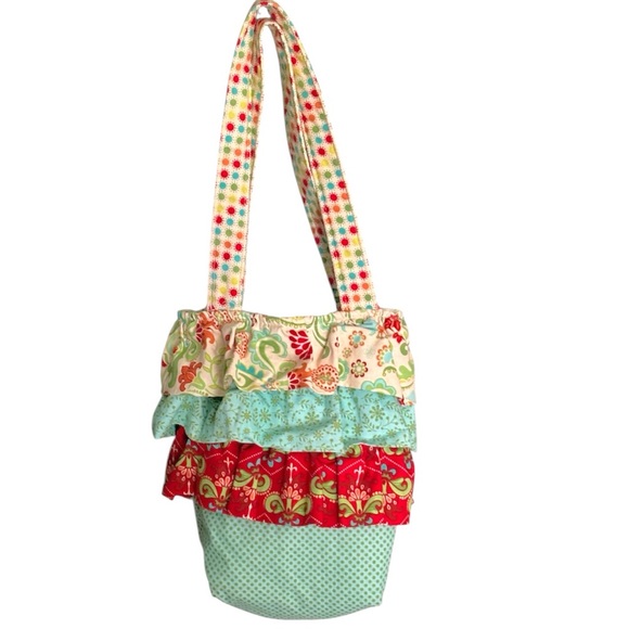 Hand Sewn Small Cotton Boho Ruffle Bucket Shoulder Bag - Picture 3 of 8